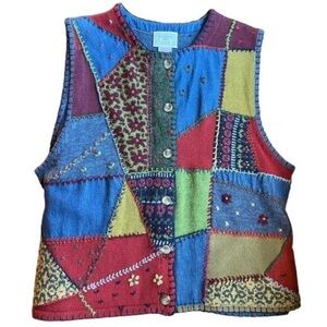 Susan Bristol Patchwork Cardigan Vest Colorful Teacher Back to School Large VTG
